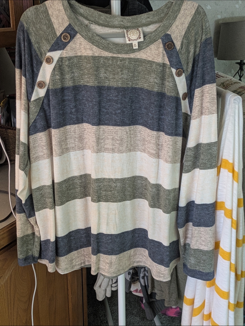 True Selfs  Striped Raglan Button-Shoulder Top in Olive, Navy & Cream Soft Fabri